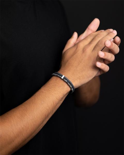 Doppelarmband mit italienischem Leder und 4 mm Larvikit-Stein - Double Grey